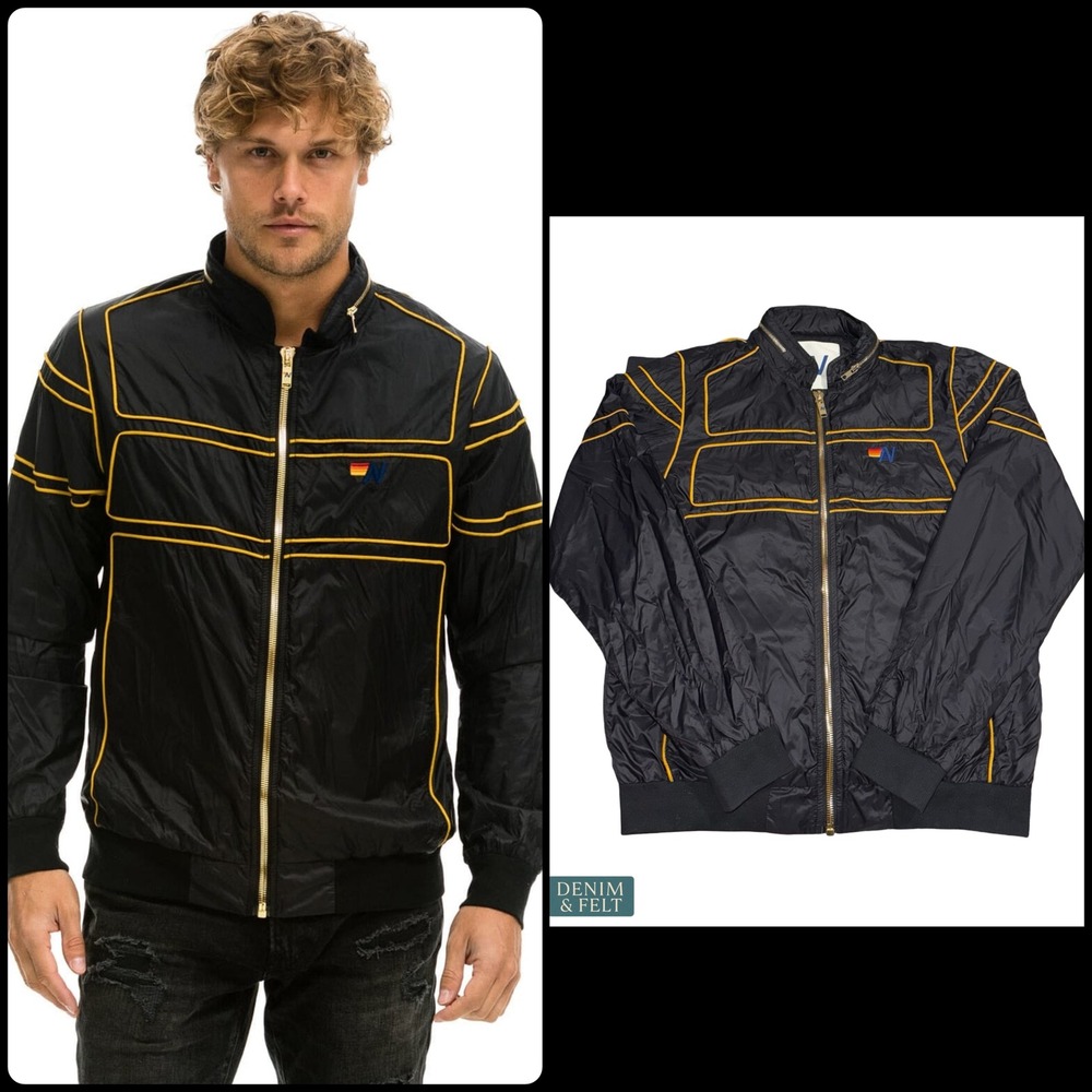 Aviator Nation Racer Windbreaker Jacket Black Gold Retro Moto Mens Medium